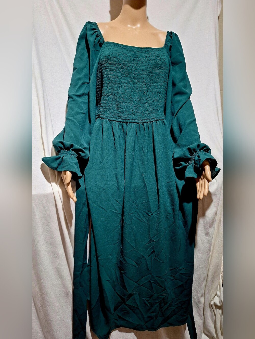 Women’s Teal Long Sleeve Smocked Bodice Dress
